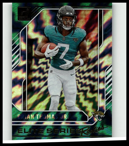 A teal and white jacksonville jaguars brian thomas jr football jersey card from the 2024 donruss elite series rookies
