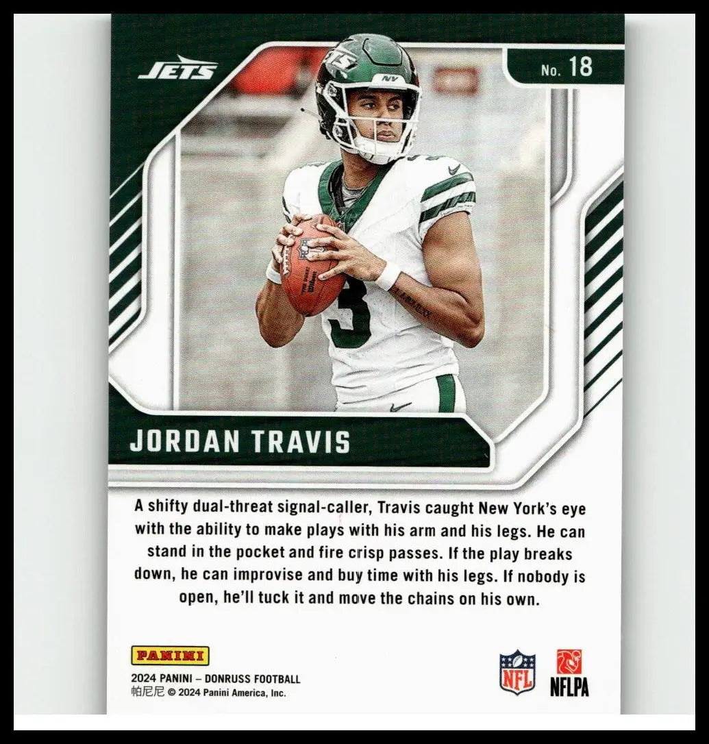 2024 donruss #18 jordan travis elite series rookies football trading card featuring jets uniform and orange football