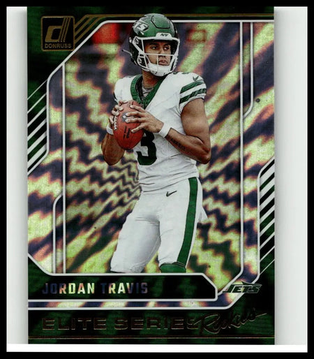 Green and white 2024 donruss jordan travis elite series rookies football card with holographic background and action pose
