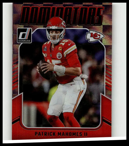 Red and white kansas city chiefs football card featuring patrick mahomes ii in uniform from 2024 donruss mahomes ii dominators