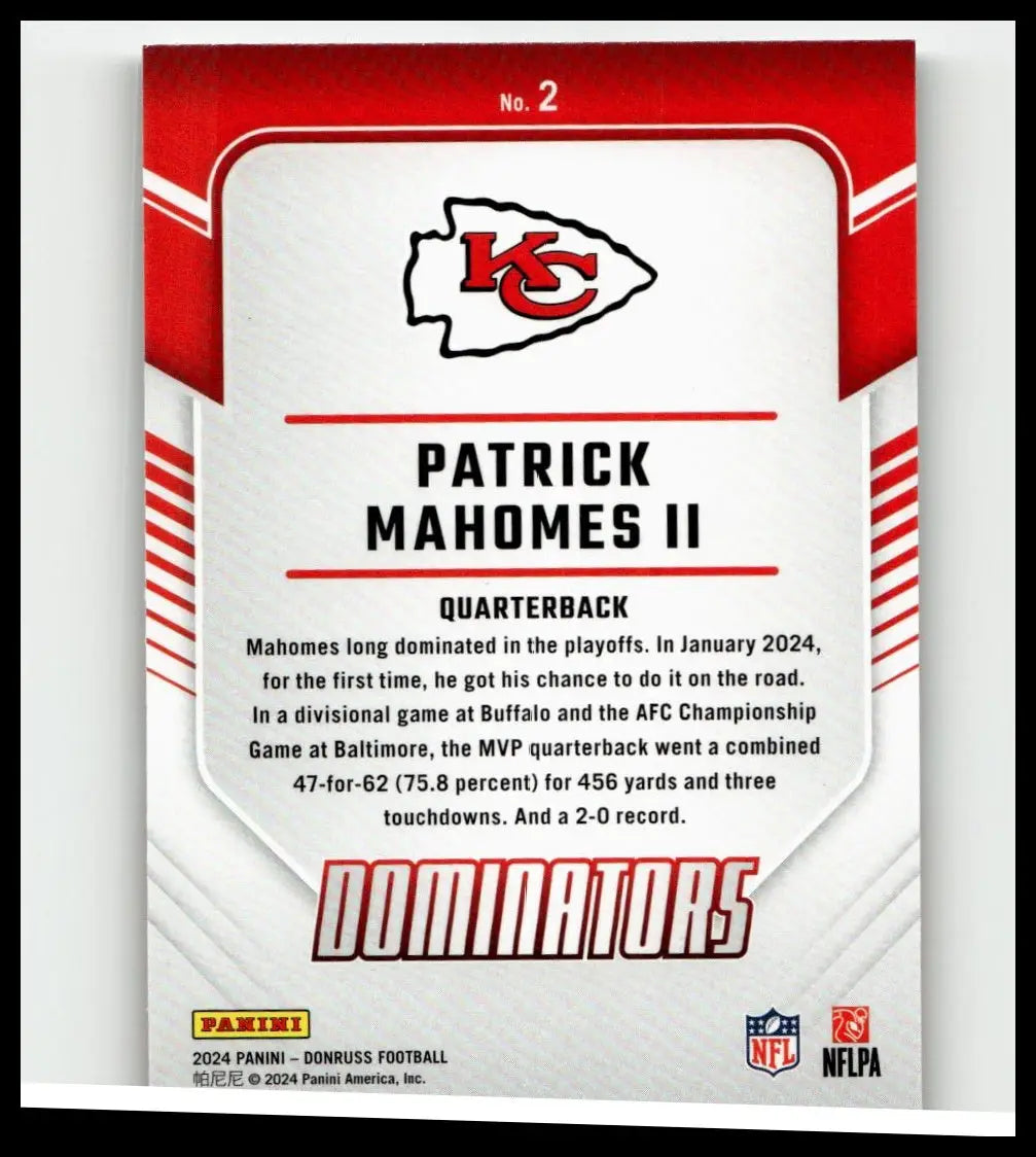 Red and white 2024 Donruss #2 Patrick Mahomes ii Dominators nfl football trading card featuring Mahomes action figure