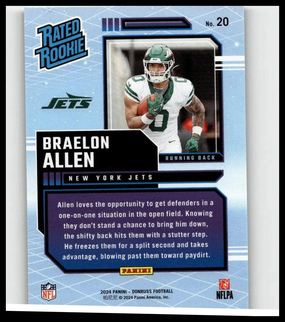 This blue and white 2024 Donruss #20 braelon allen rated rookies retro football card features braelon allen in jets uniform