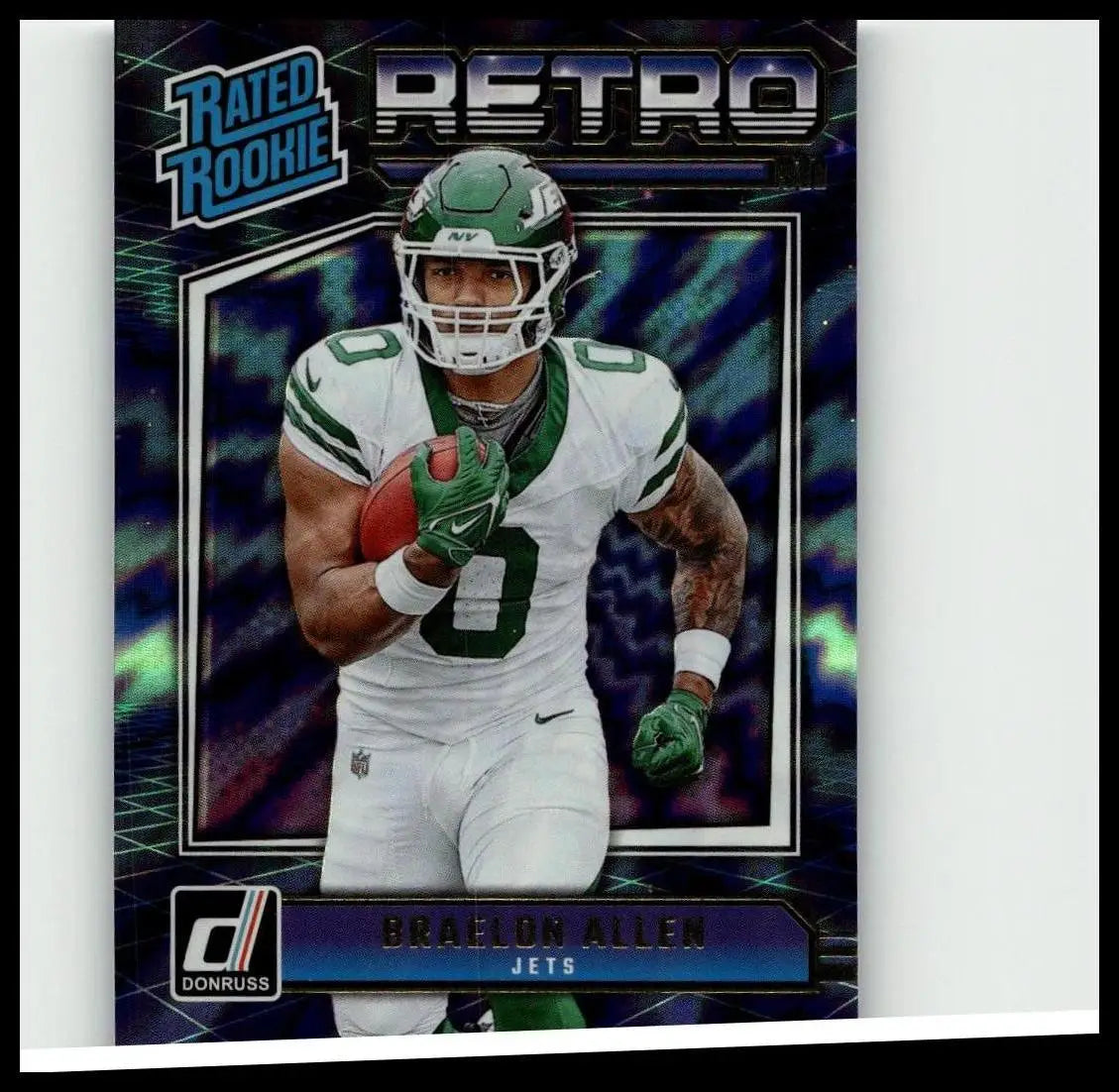 Green and white New York Jets braelon allen rated rookies football card with retro design and holographic effects