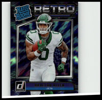 Green and white New York Jets braelon allen rated rookies football card with retro design and holographic effects