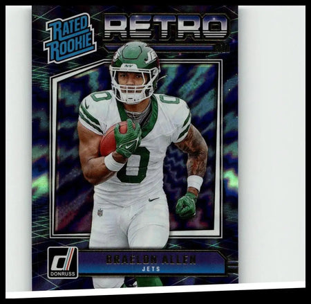 Green and white New York Jets braelon allen rated rookies football card with retro design and holographic effects