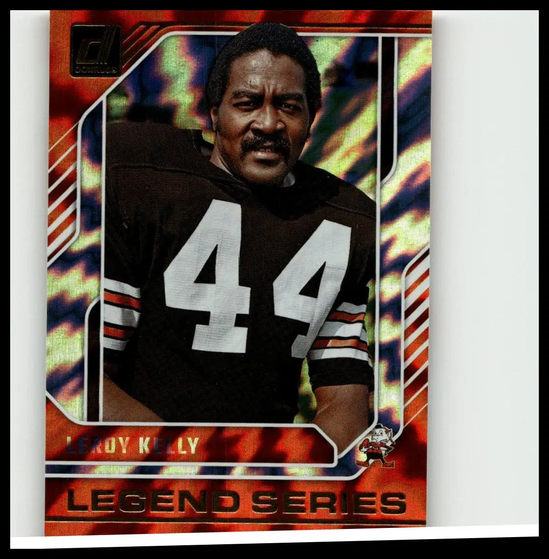 This vibrant iridescent 2024 donruss #20 leroy kelly legend series football card features kelly in a black jersey with orange stripes