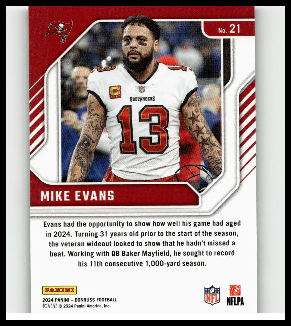 A red and white 2024 donruss #21 mike evans football trading card in tampa bay buccaneers jersey number 13 evans elite series