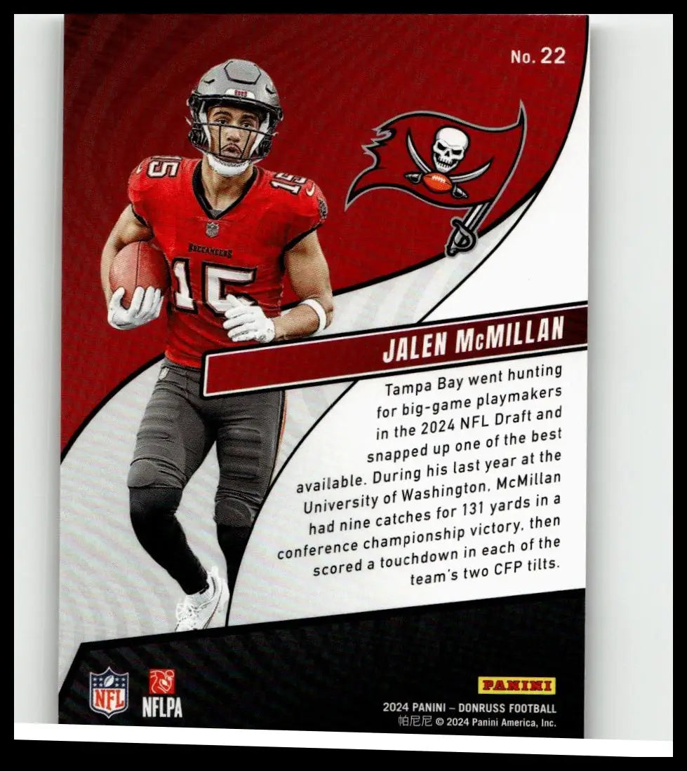 Red and black tampa bay buccaneers football trading card featuring jalen mcmillan rookie revolution #22 from 2024 donruss