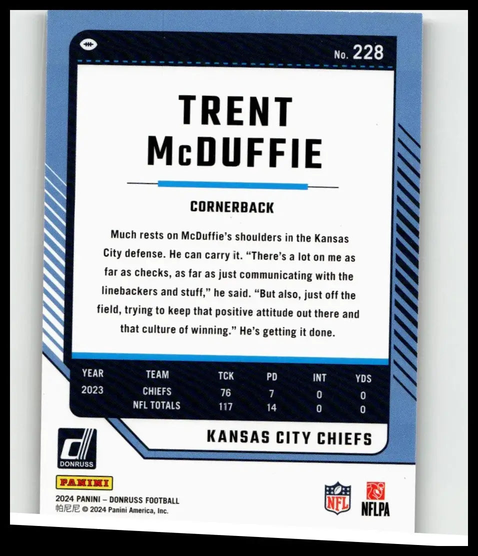 Blue and white 2024 donruss #228 trent mcduffie press proof purple football trading card featuring kansas city chiefs player