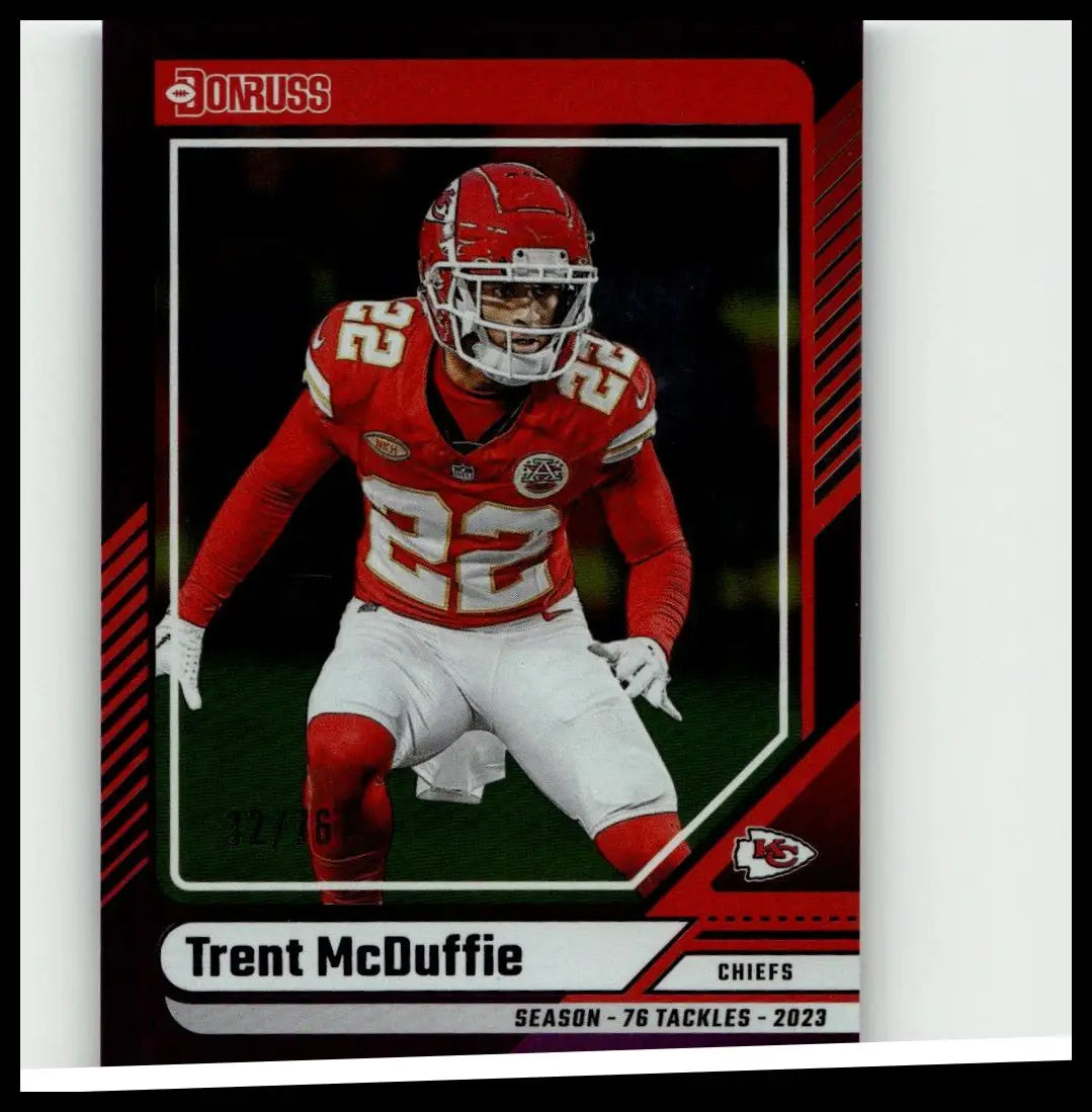 Red and white kansas city chiefs football card featuring trent mcduffie in number 22 uniform 2024 donruss press proof purple