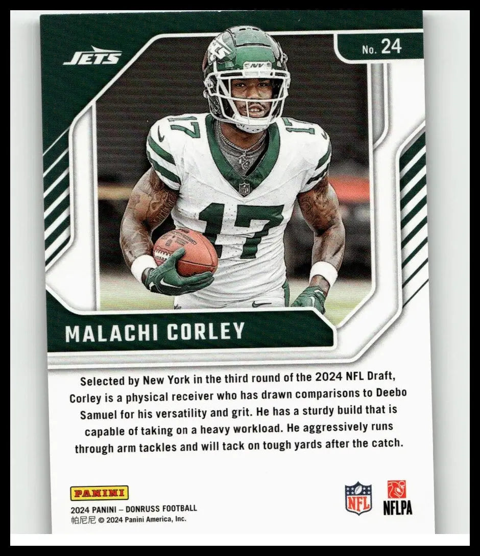 Green and white new york jets football trading card of malachi corley in number 17 jersey 2024 donruss elite series