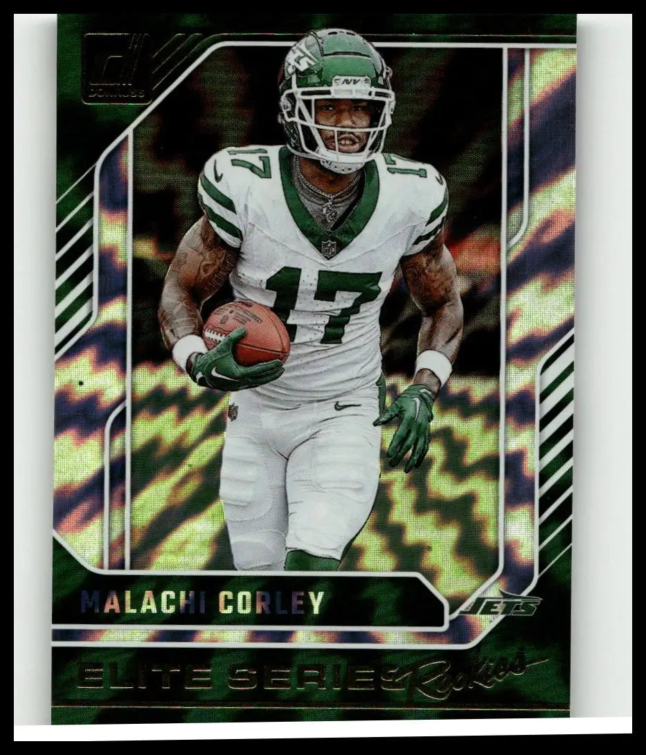 Green and white new york jets football trading card featuring malachi corley elite series rookies in action 2024 donruss
