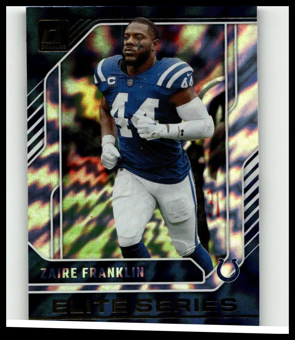 2024 donruss zaire franklin elite series card featuring colts player in blue and white jersey number 44 with captain patch
