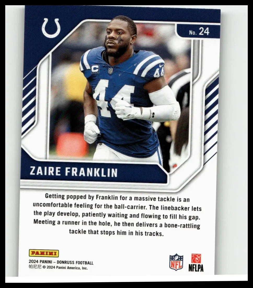 Blue and white indianapolis colts football trading card featuring zaire franklin in number 44 jersey from franklin elite series