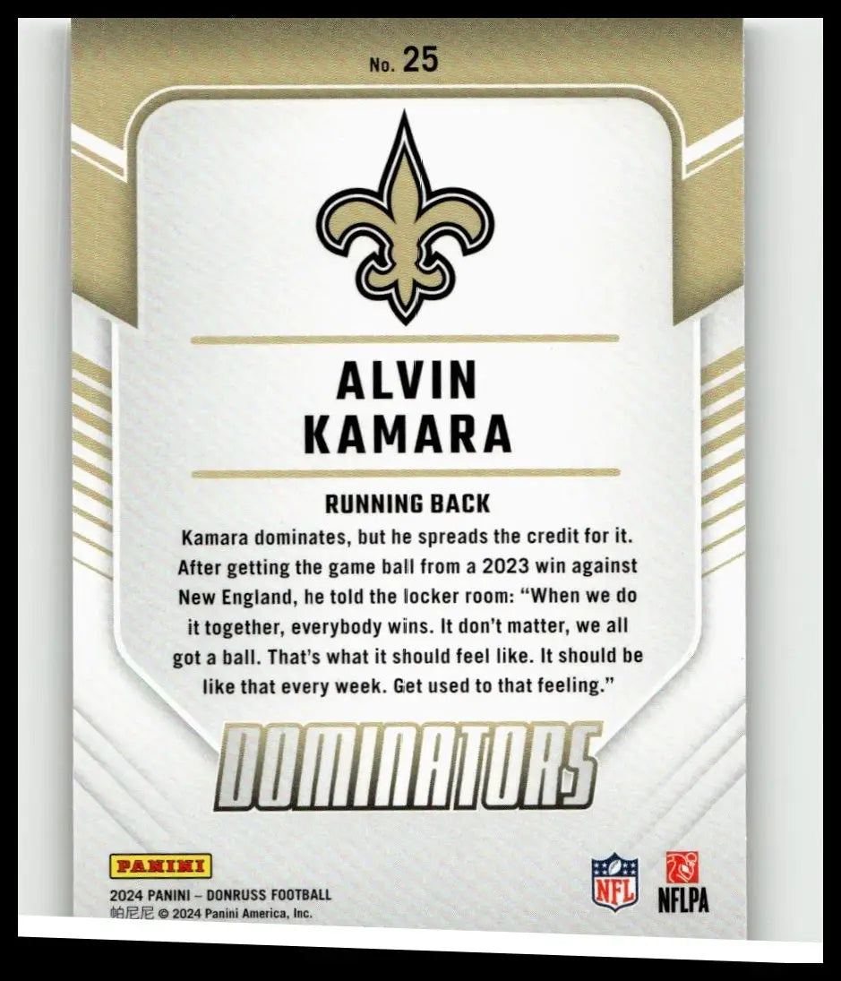 2024 donruss #25 alvin kamara dominators football card with new orleans saints logo on white and gold design