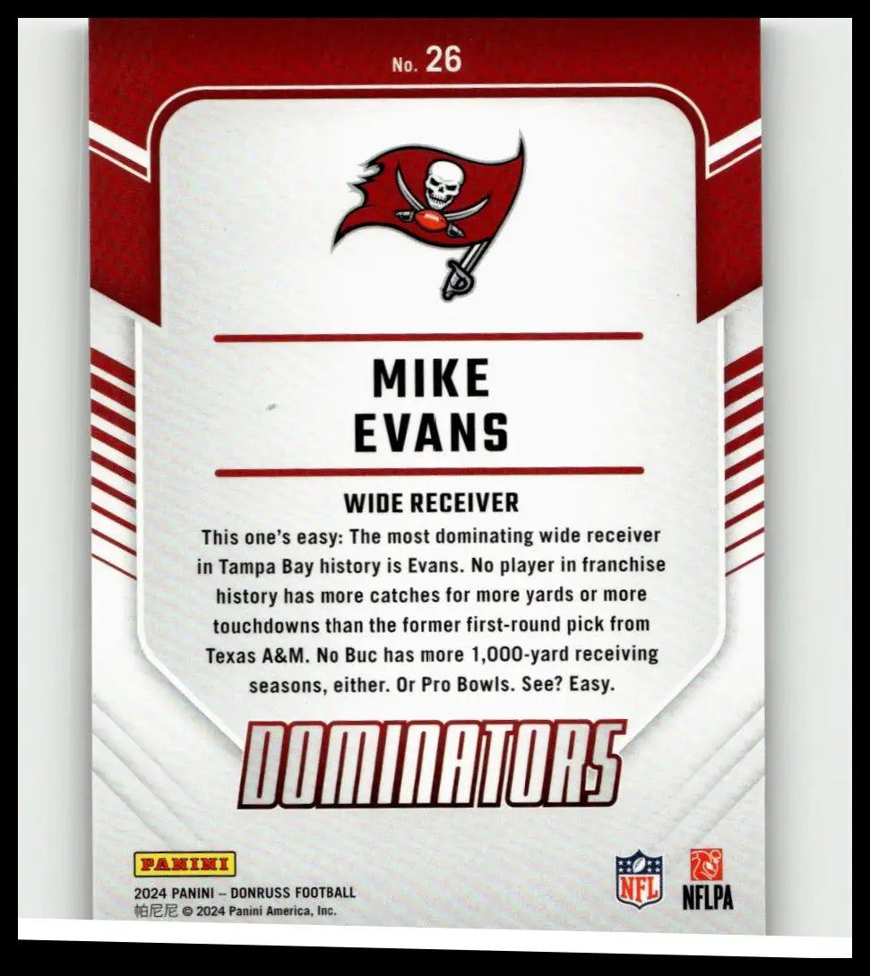 Red and white tampa bay buccaneers football trading card featuring mike evans dominators from 2024 donruss series
