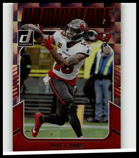 Tampa bay buccaneers player mike evans in white jersey with red and gray accents on 2024 donruss mike evans dominators card