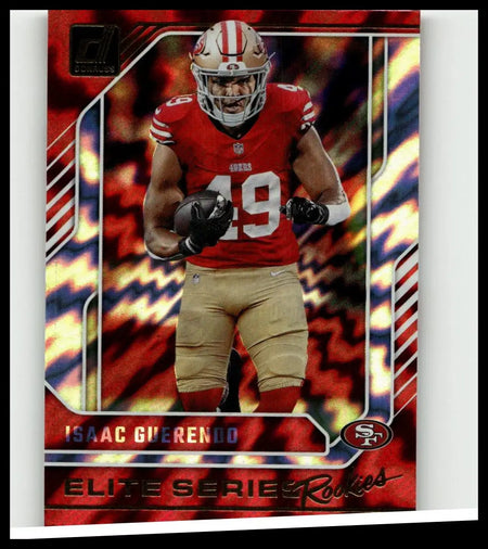 Red and gold san francisco 49ers football trading card featuring isaac guerendo elite series rookie in number 19 uniform