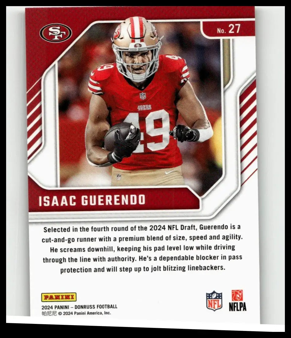 Red and gold san francisco 49ers football trading card featuring isaac guerendo elite series rookies number 27 jersey