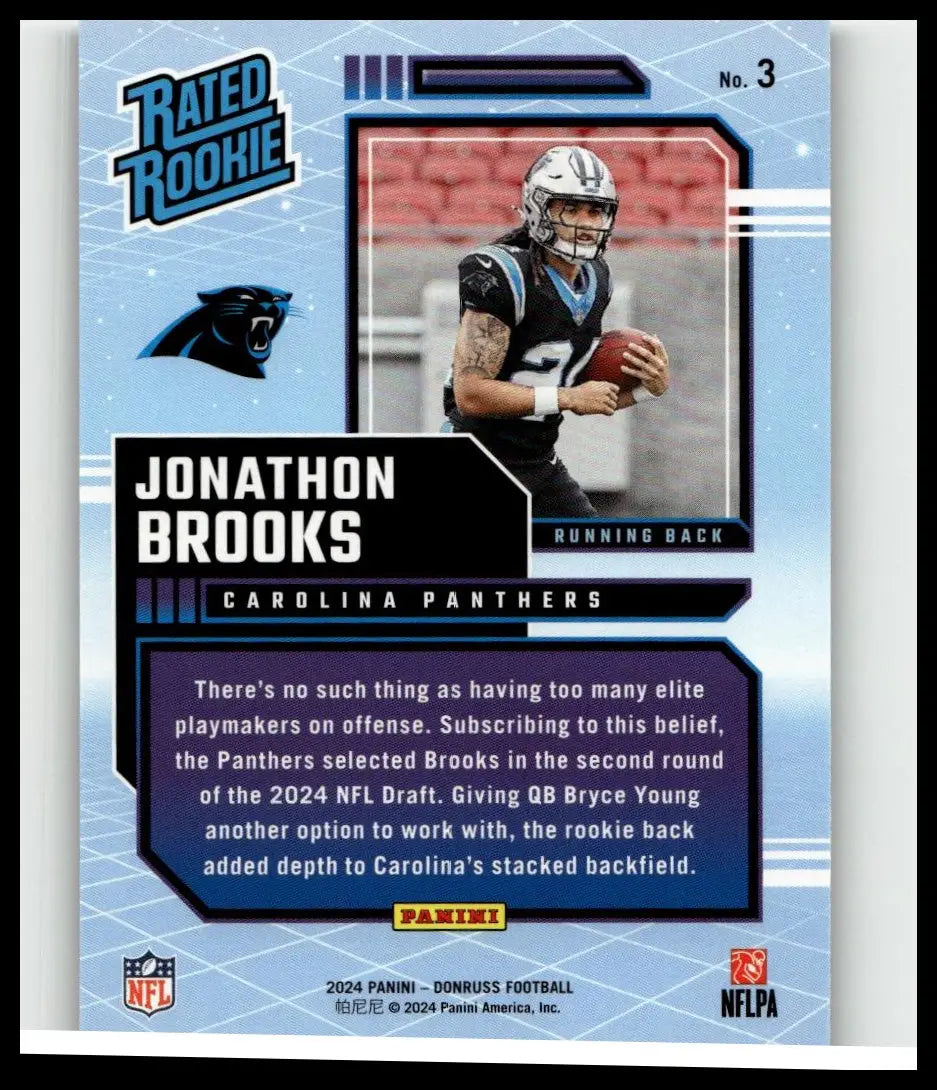 Blue and black 2024 donruss rated rookies retro football card featuring jonathon brooks carolina panthers running back