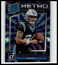 A blue and black 2024 donruss jonathon brooks rated rookies retro trading card featuring brooks in uniform holding a football