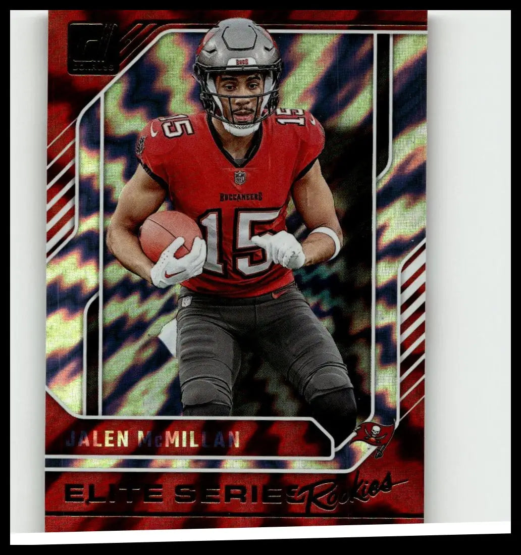 Red and silver Tampa Bay Buccaneers rookie football trading card featuring Jalen McMillan in number 15 jersey from 2024 Donruss Elite Series