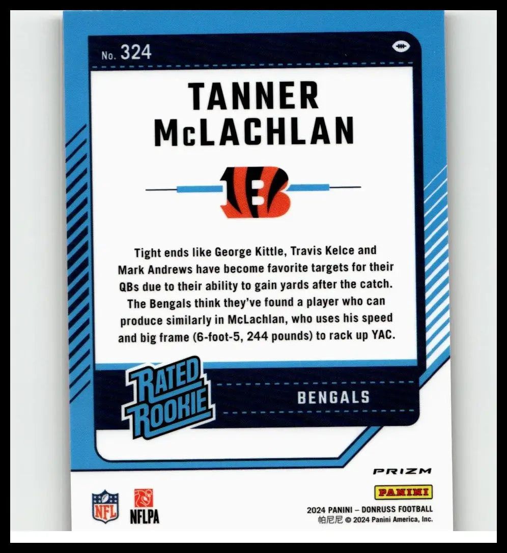 Blue and white 2024 donruss #324 tanner mclachlan optic rated rookie football trading card red wave design