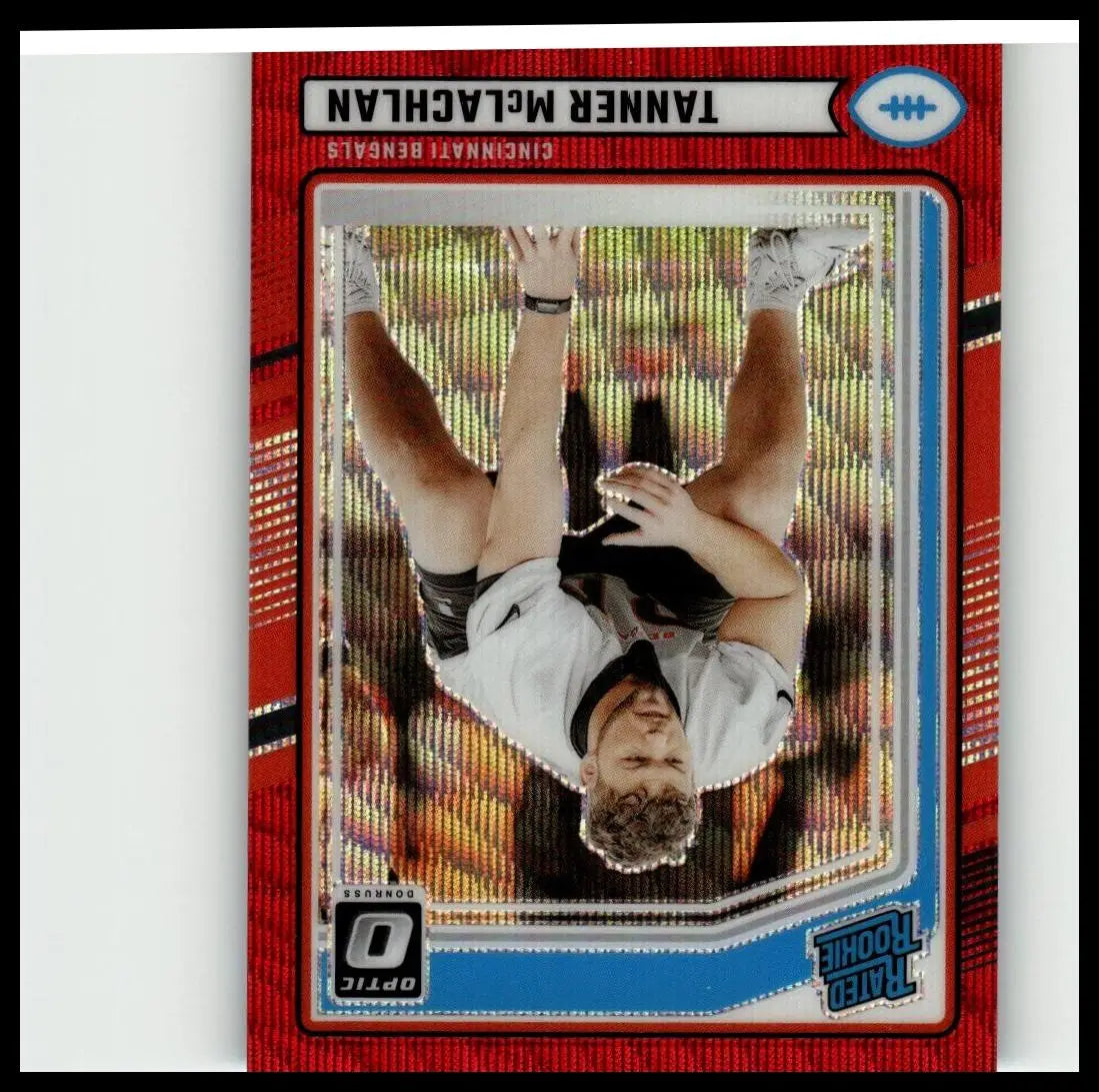 Red and blue framed 2024 donruss #324 tanner mclachlan optic rated rookies preview card with gold background