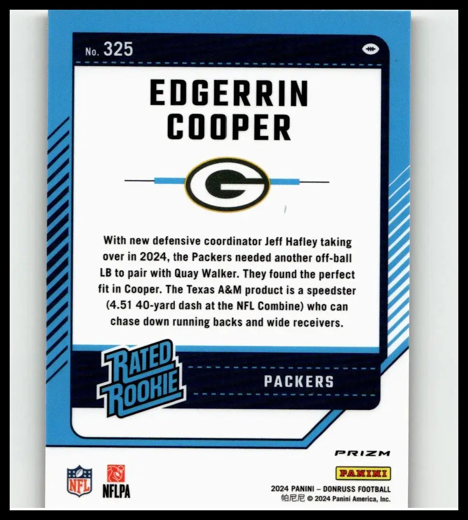 Blue and white 2024 Donruss #325 edgerrin cooper optic rated rookie football trading card for the packers