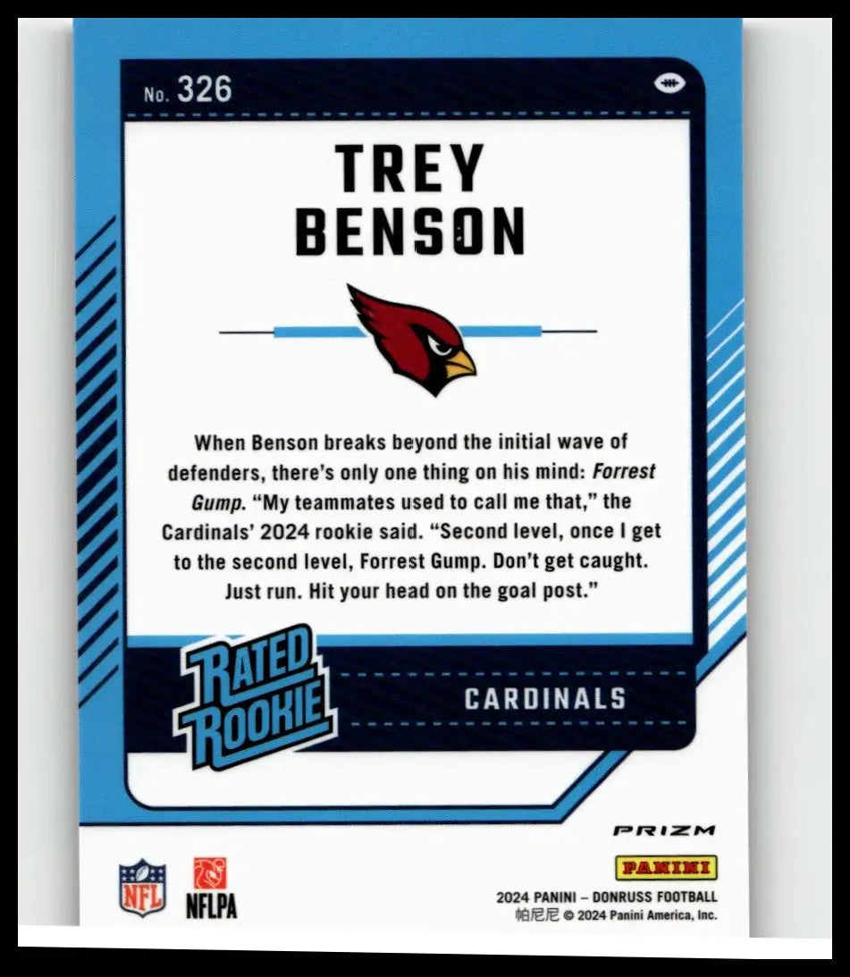 Blue and white 2024 donnruss #326 trey benson optic rated rookie football trading card with red cardinal logo