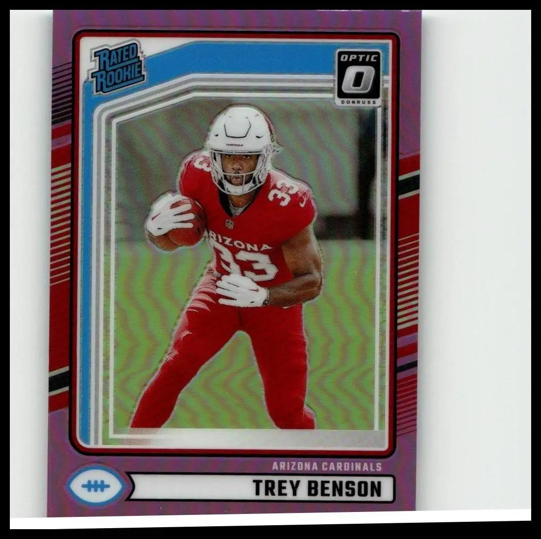 A 2023 panini donruss optic rated rookie card of trey benson in arizona cardinals red with a holographic border