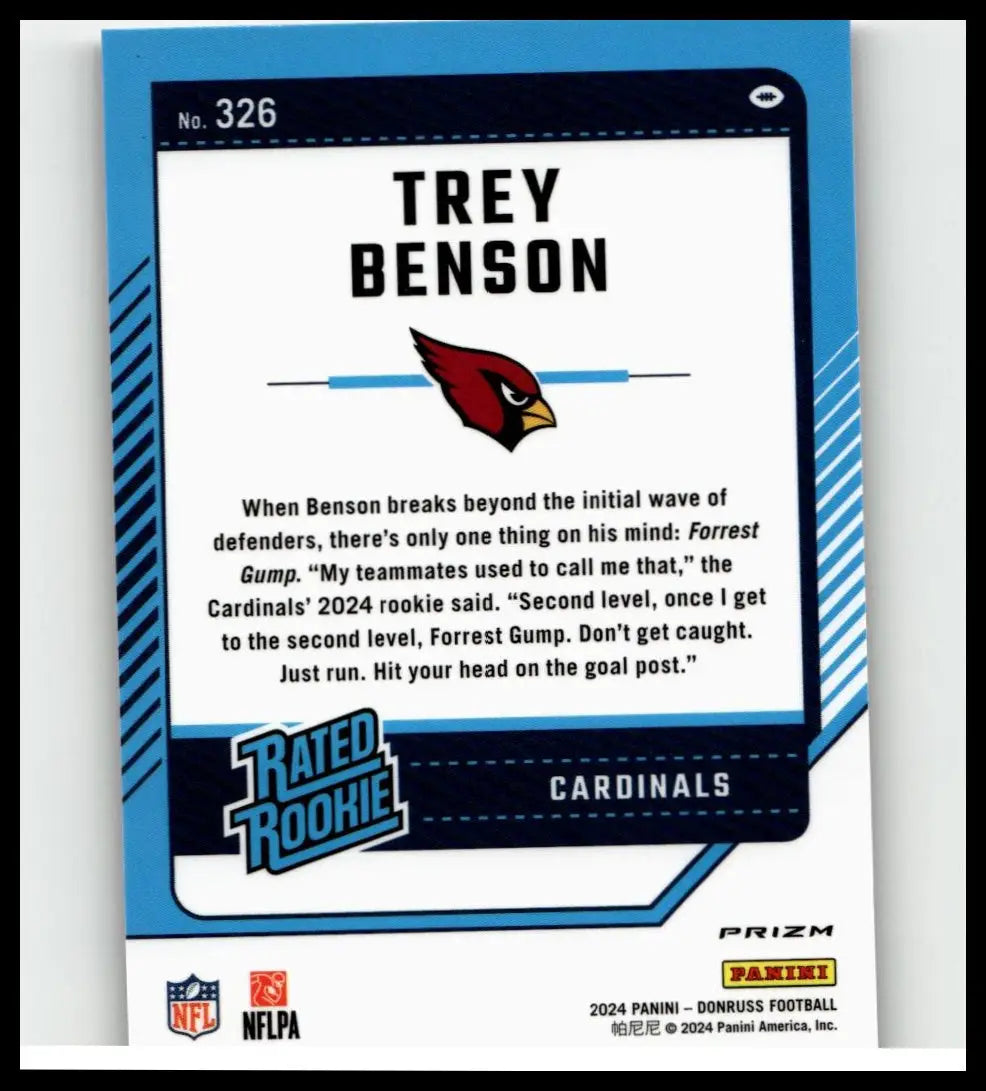 Blue and white 2024 donruss #326 trey benson optic rated rookies preview pink football trading card featuring cardinals rookie