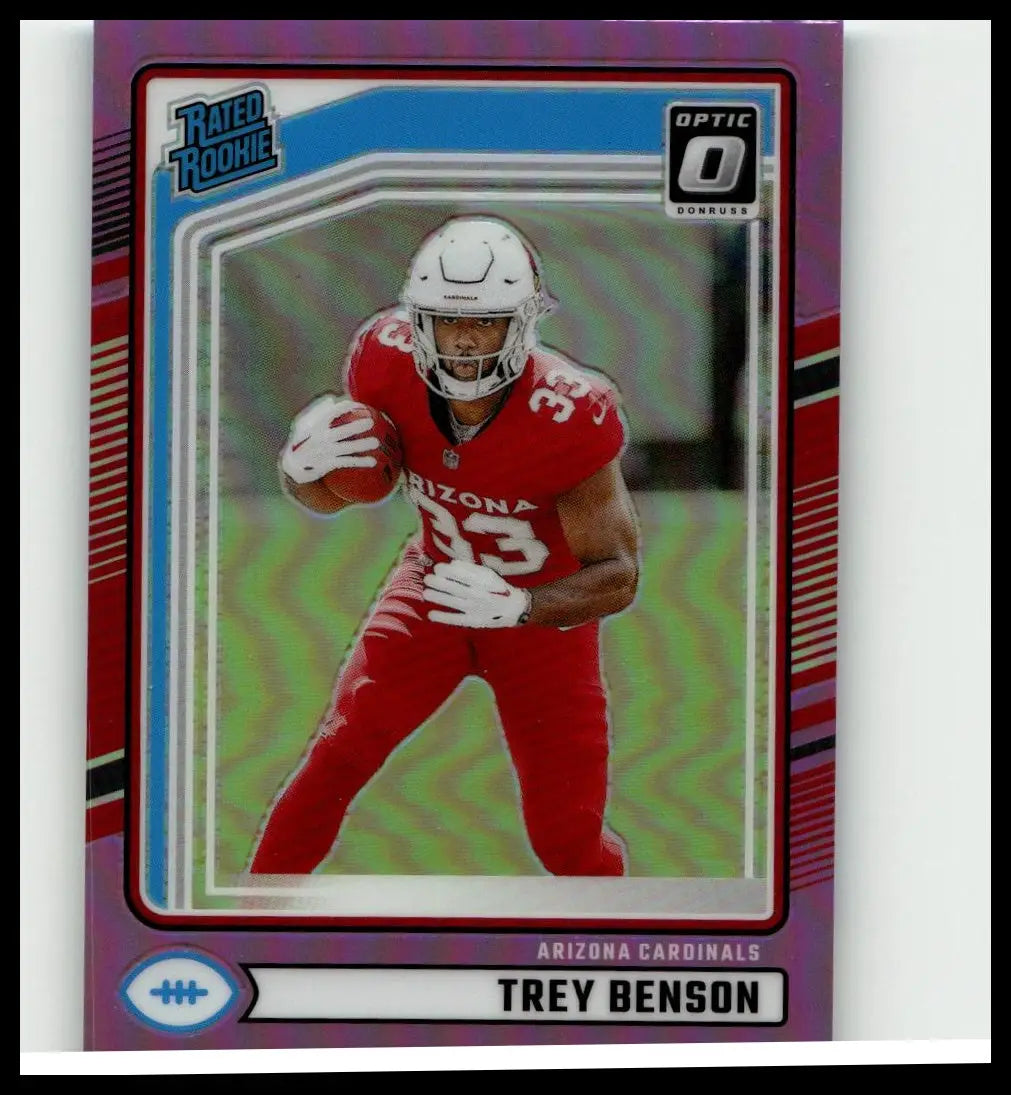 A 2024 donruss #326 trey benson optic rated rookies preview pink football card featuring benson in red white jersey 33