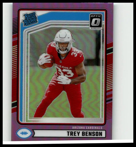 A 2024 donruss #326 trey benson optic rated rookies preview pink football card featuring benson in red white jersey 33