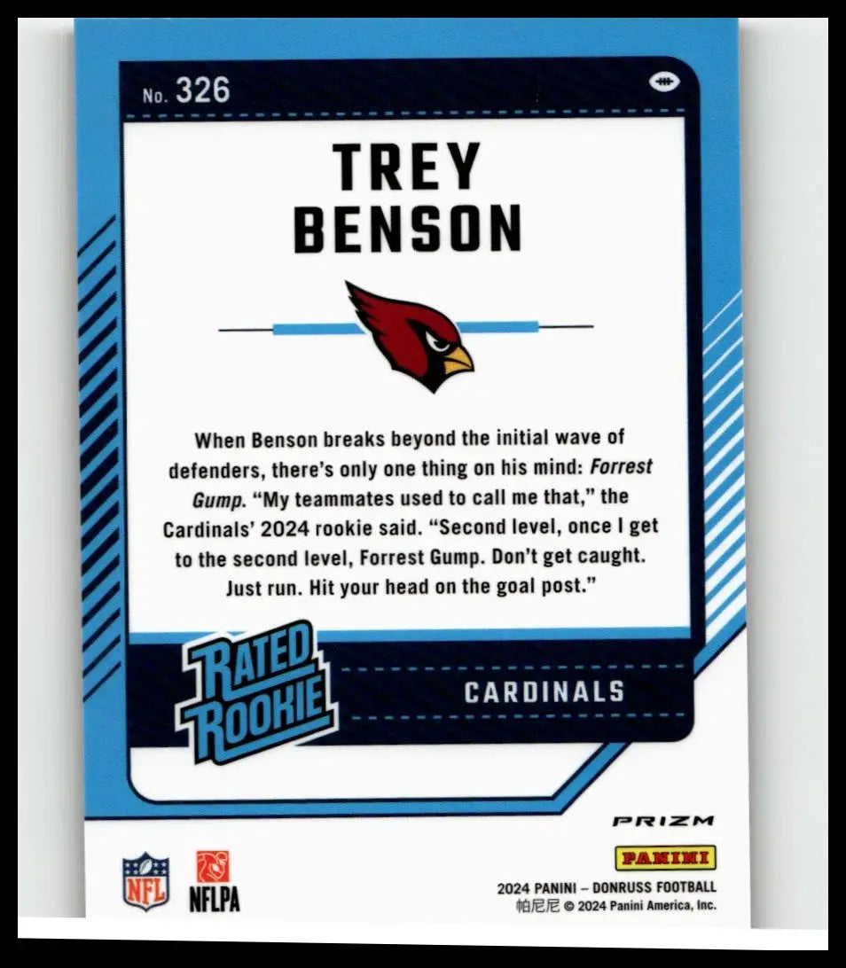 Blue and white 2024 donruss optic rated rookie football card featuring trey benson for arizona cardinals