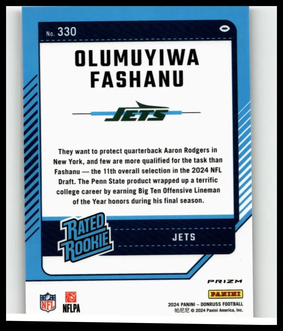 Blue and white 2024 Donruss optic rated rookie football card featuring olumuyiwa fashanu for the jets