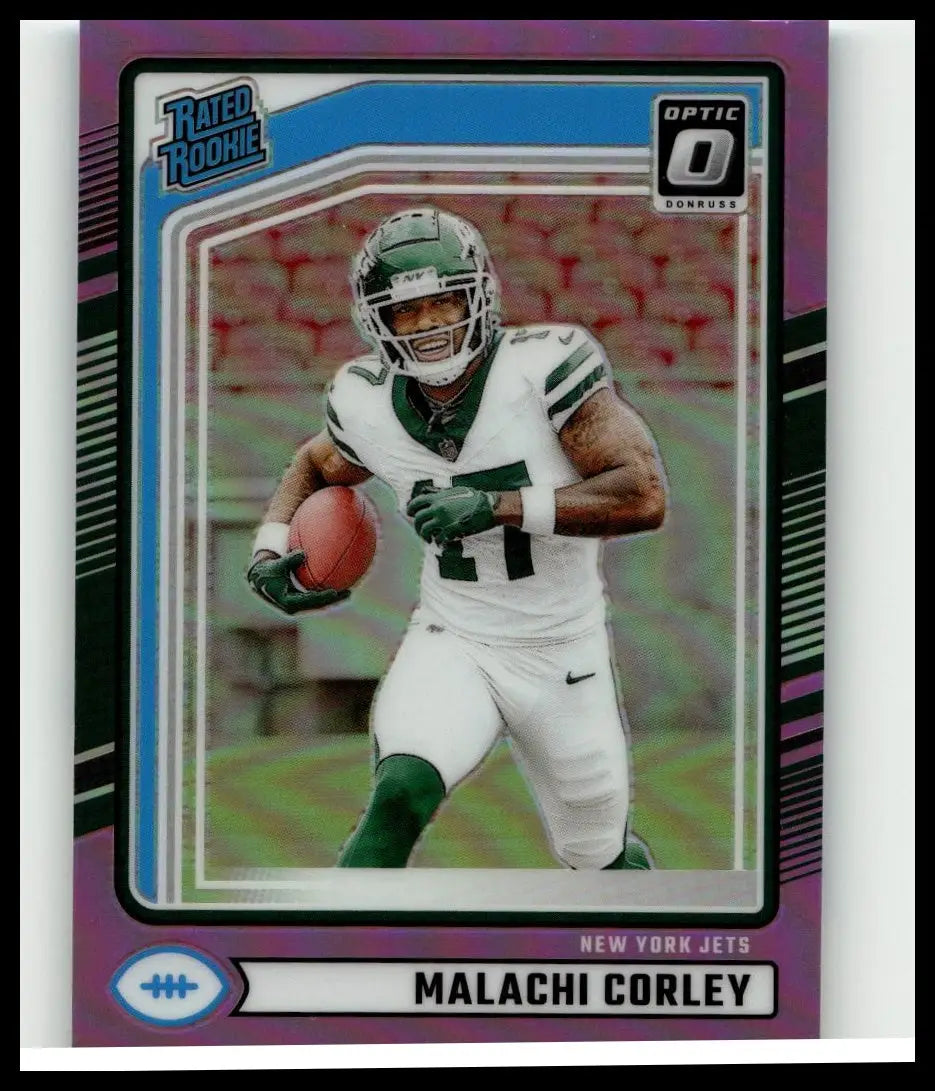Purple and blue 2024 donruss #333 malachi corley optic rated rookie football card in new york jets uniform