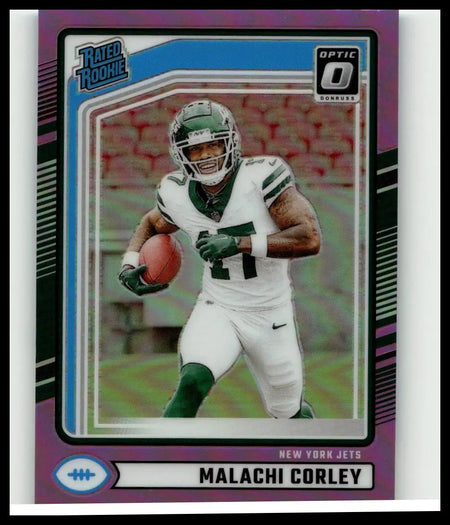 Purple and blue 2024 donruss #333 malachi corley optic rated rookie football card in new york jets uniform