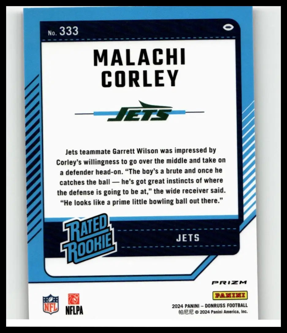 Blue and white 2024 donruss malachi corley optic rated rookie football trading card from panini america series