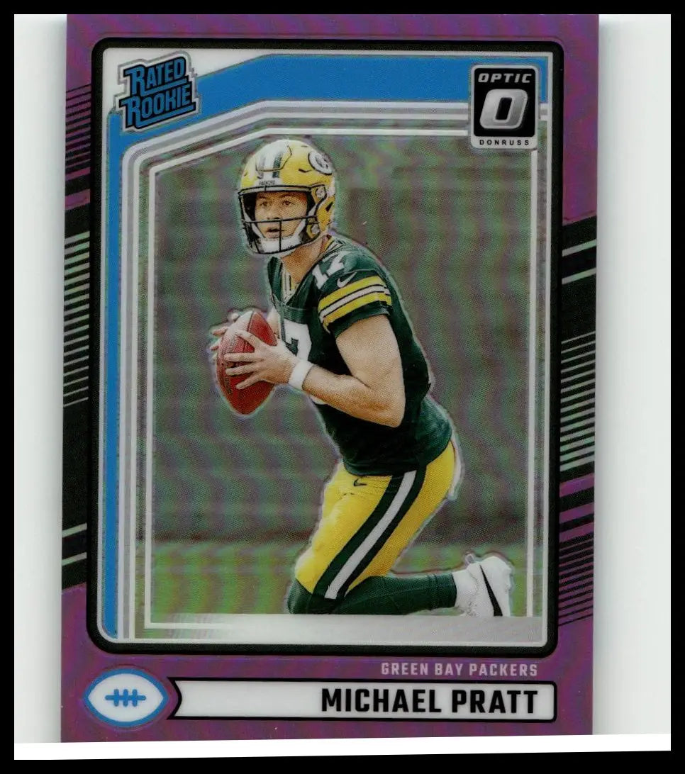 Purple and blue bordered 2024 donruss #339 michael pratt optic rated rookies preview card featuring pratt in green bay uniform