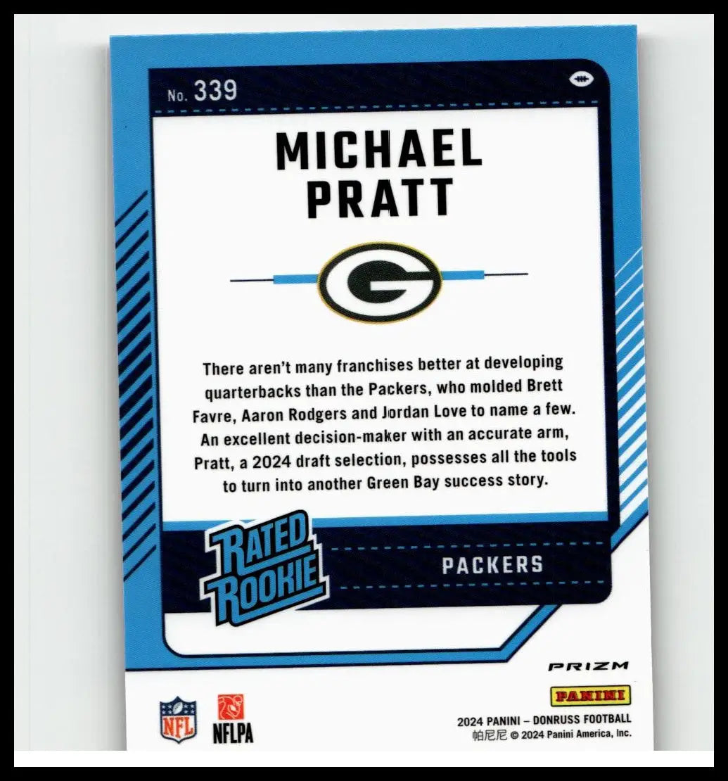 Blue and white 2024 donruss #339 michael pratt optic rated pink football trading card for green bay packers rookie