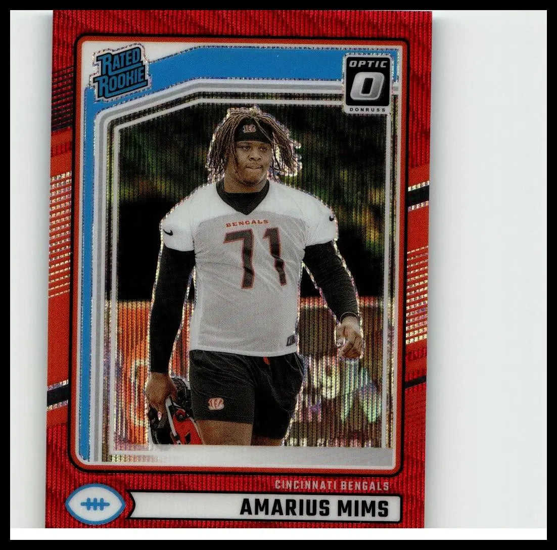 Red and blue holographic bordered 2024 donruss amarius mims optic rated rookies preview football trading card
