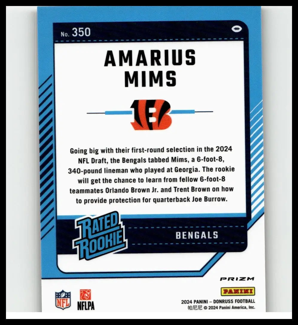 Blue and white 2024 Donruss #350 amarius mims optic rated rookie football trading card featuring bengals linebacker