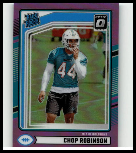 Purple and teal holographic 2024 donruss chop robinson optic rated rookie football card number 44 jersey