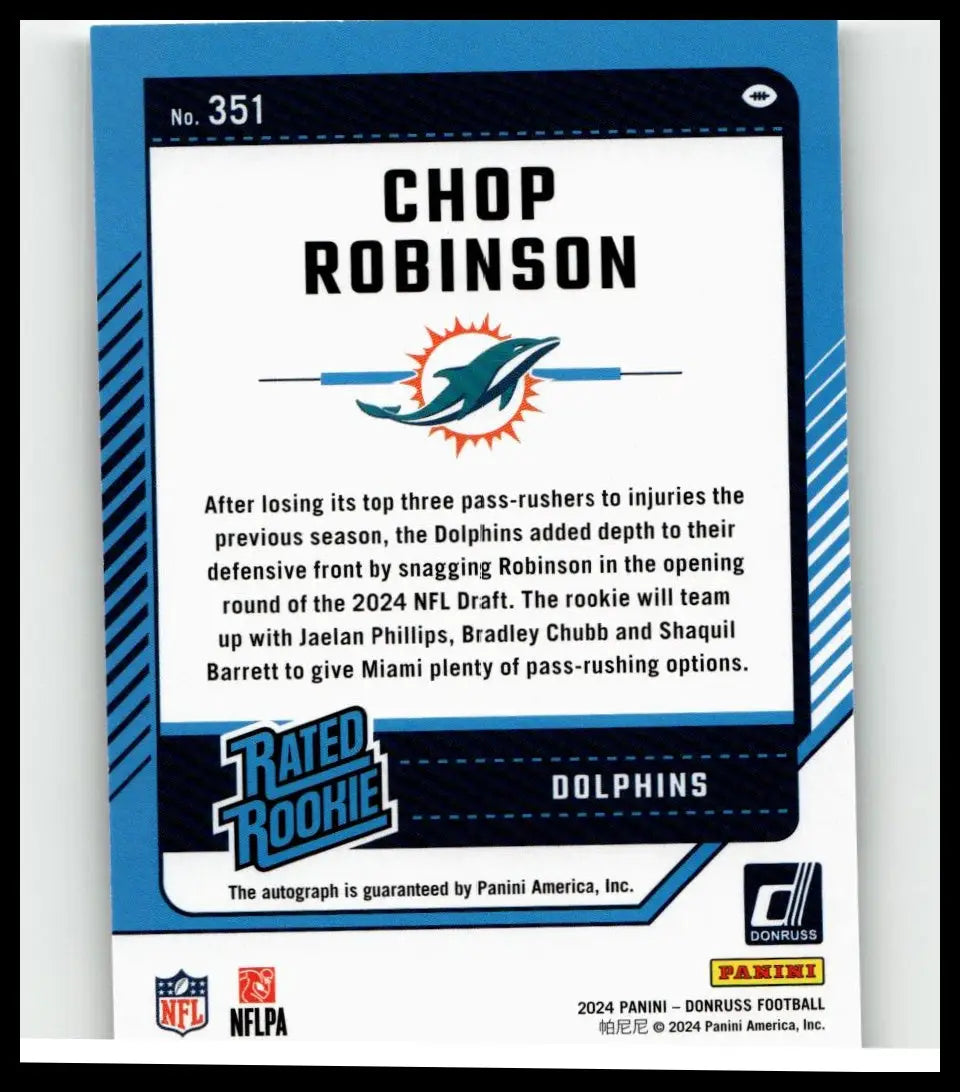 Blue and white 2024 donruss #351 chop robinson rated rookies autographs football trading card for miami dolphins rookie