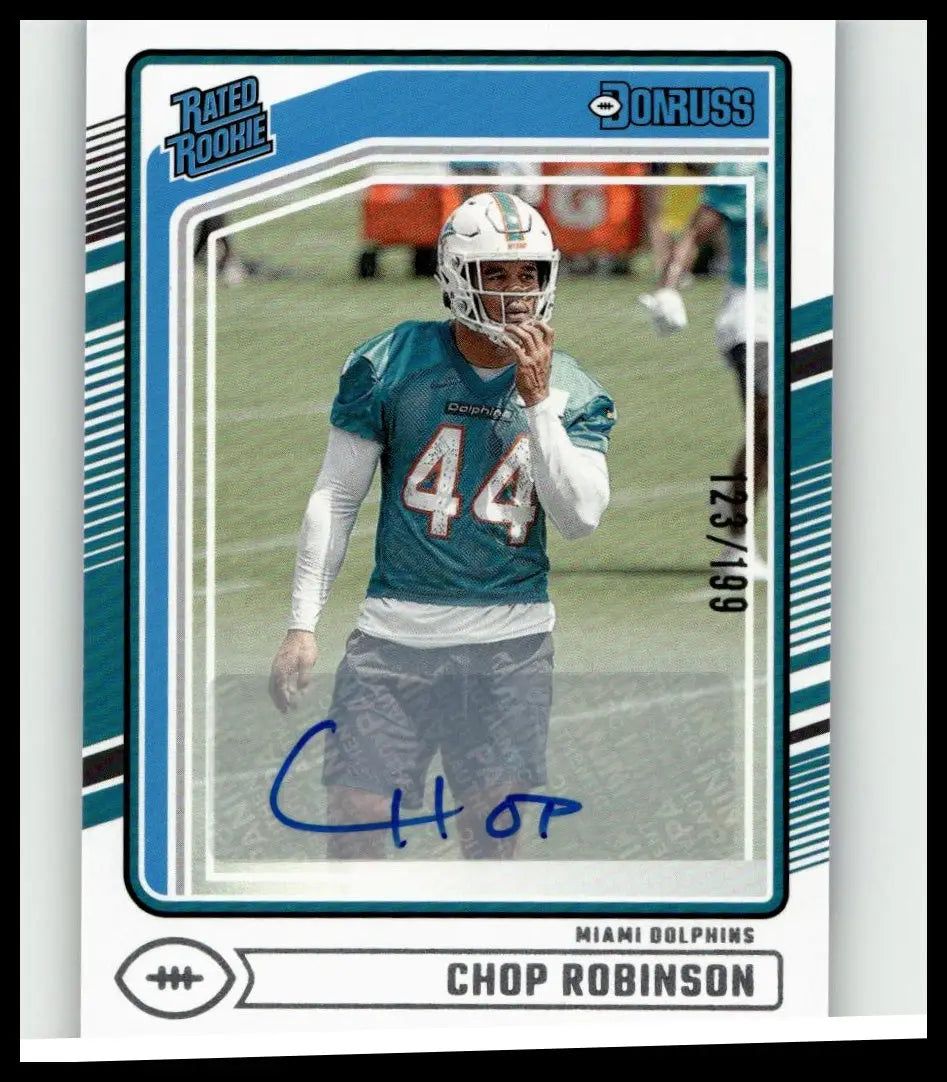 2024 Donruss #351 chop robinson rated rookies autograph card in blue and white featuring miami dolphins jersey 44