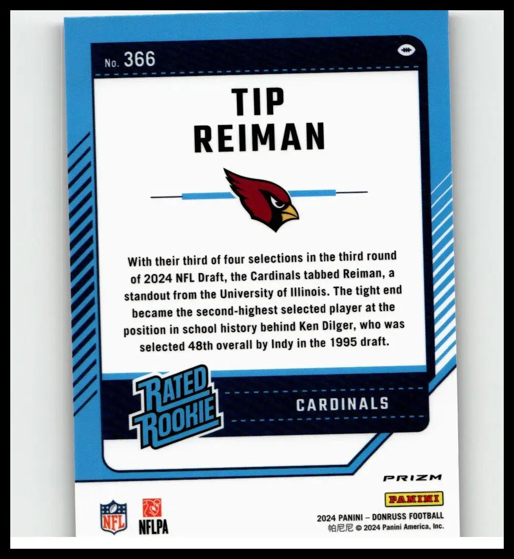 Blue and white 2024 donruss #366 tip reiman optic rated rookie football trading card for cardinals preview pink