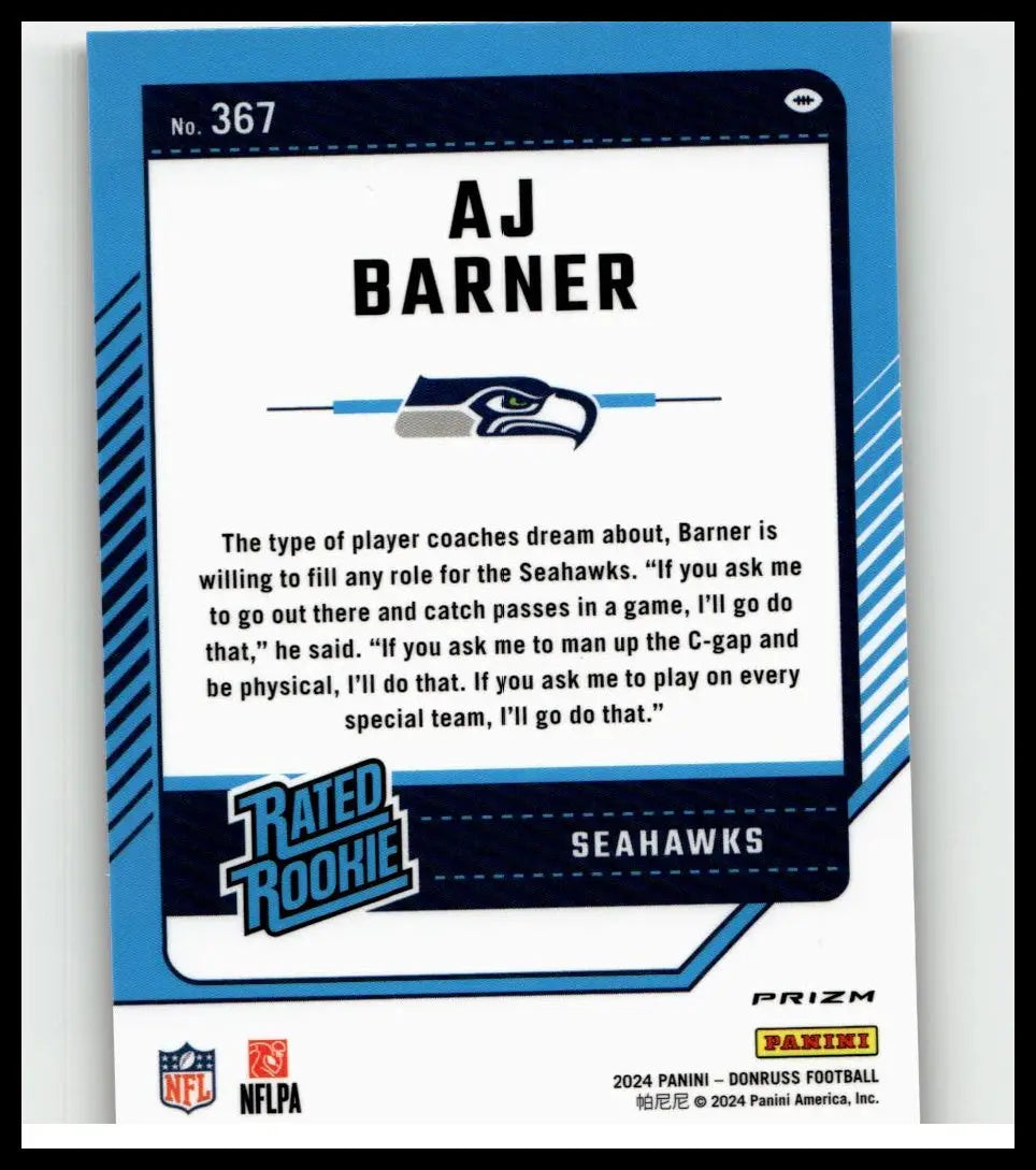 Blue and white 2024 donruss aj barner optic rated rookies preview football trading card featuring seahawks banner