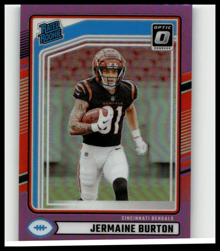 Cincinnati bengals rookie football card featuring jermaine burton optic rated in black and orange uniform holding football
