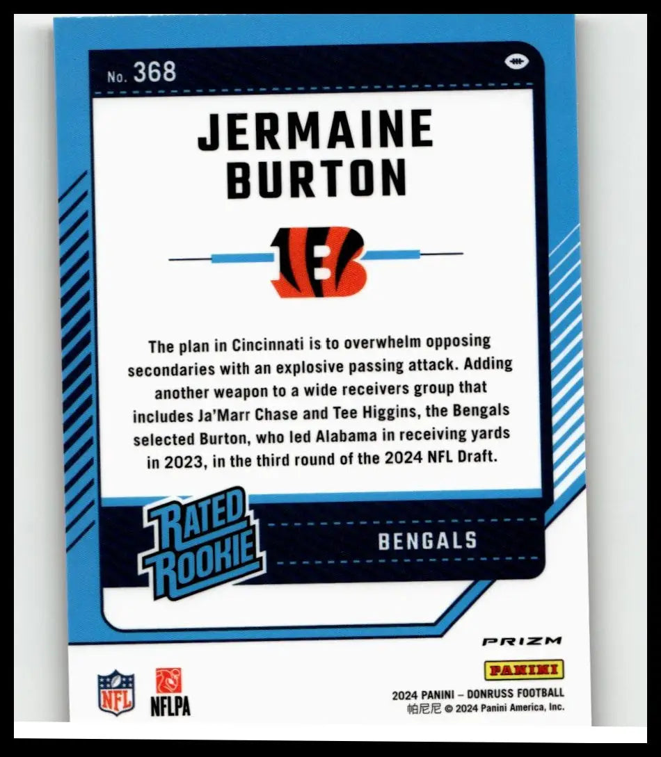 Blue and white 2024 donruss #368 jermaine burton optic rated rookie football trading card for bengals collectors